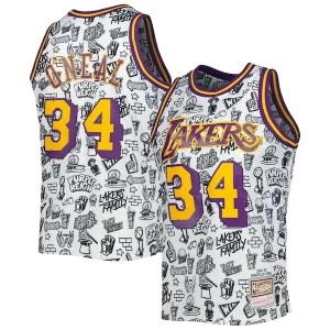 Exquisito Duradero Shaquille O'Neal Los Angeles Lakers 1996/97 Hardwood Classics Doodle Swingman Jersey White